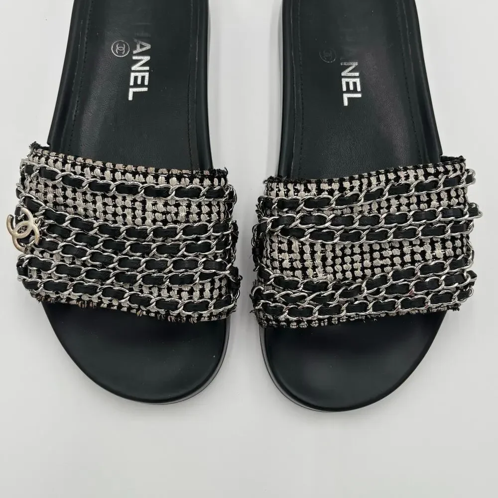 Chanel CC Chain Slide Sandals Flat Canvas Slip On Shoes Black Tweed Size 38